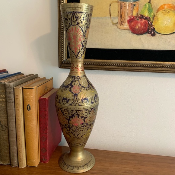 Tall MCM Etched Brass Vase